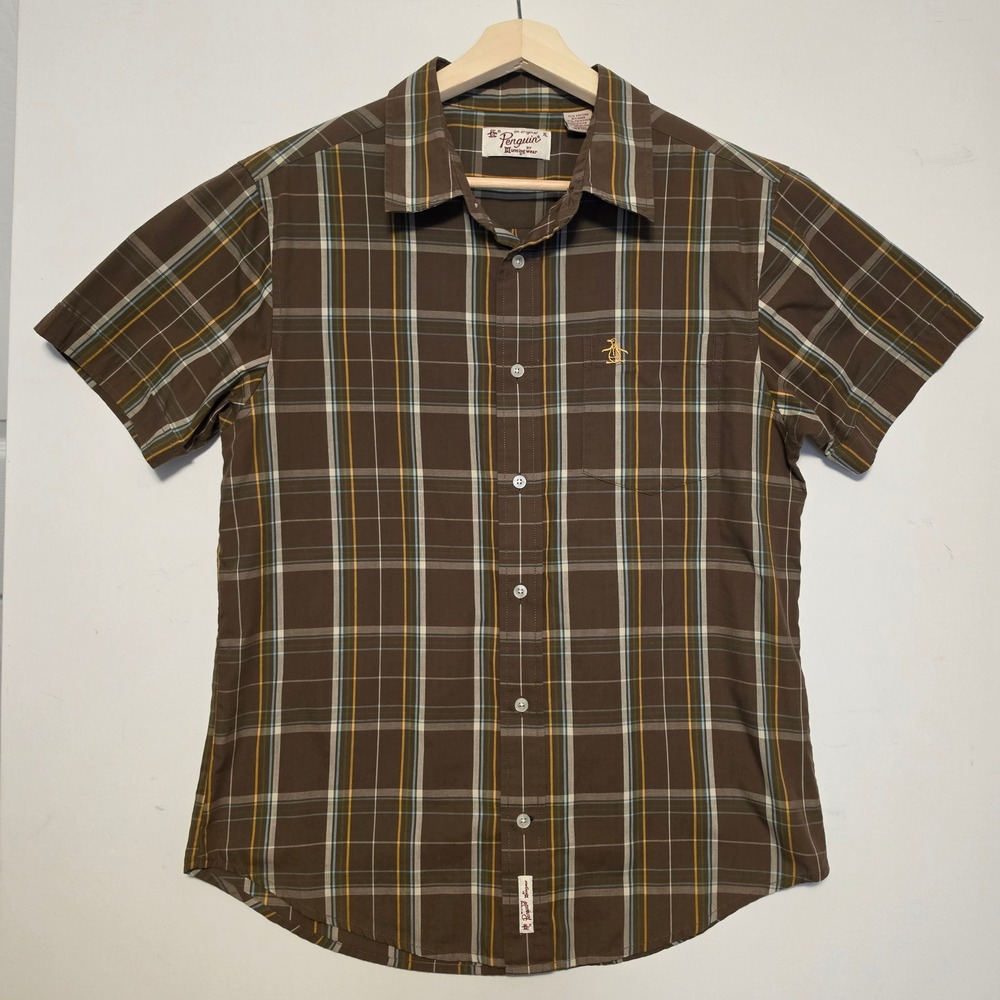 Original Penguin Plaid Short Sleeve Button Down Shirt Brown XL